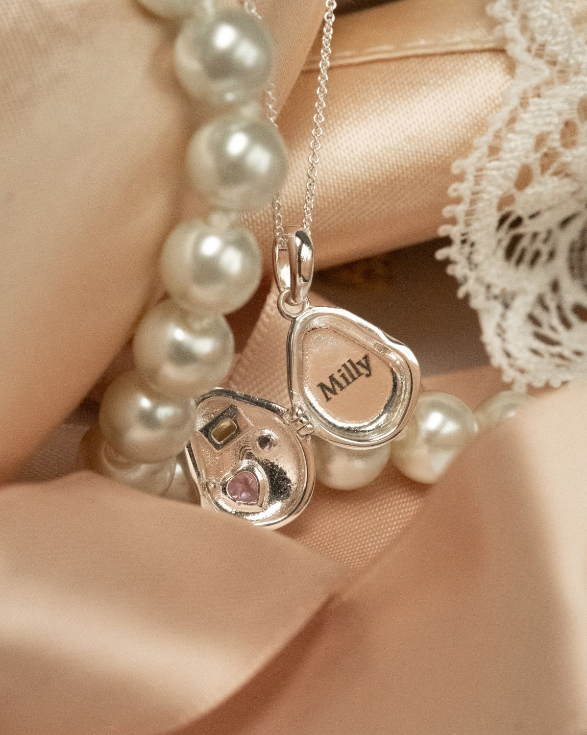 Billie Engravable Gemstone Locket Necklace - Sterling Silver