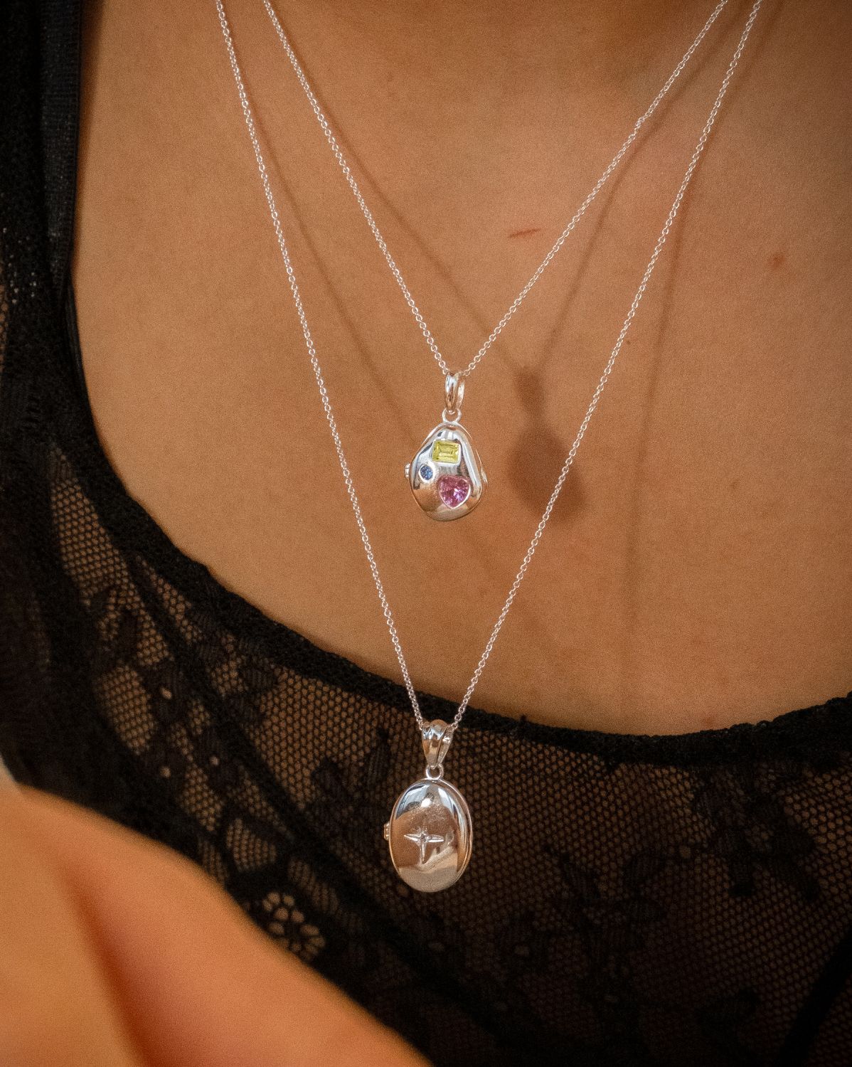 Billie Engravable Gemstone Locket Necklace - Sterling Silver