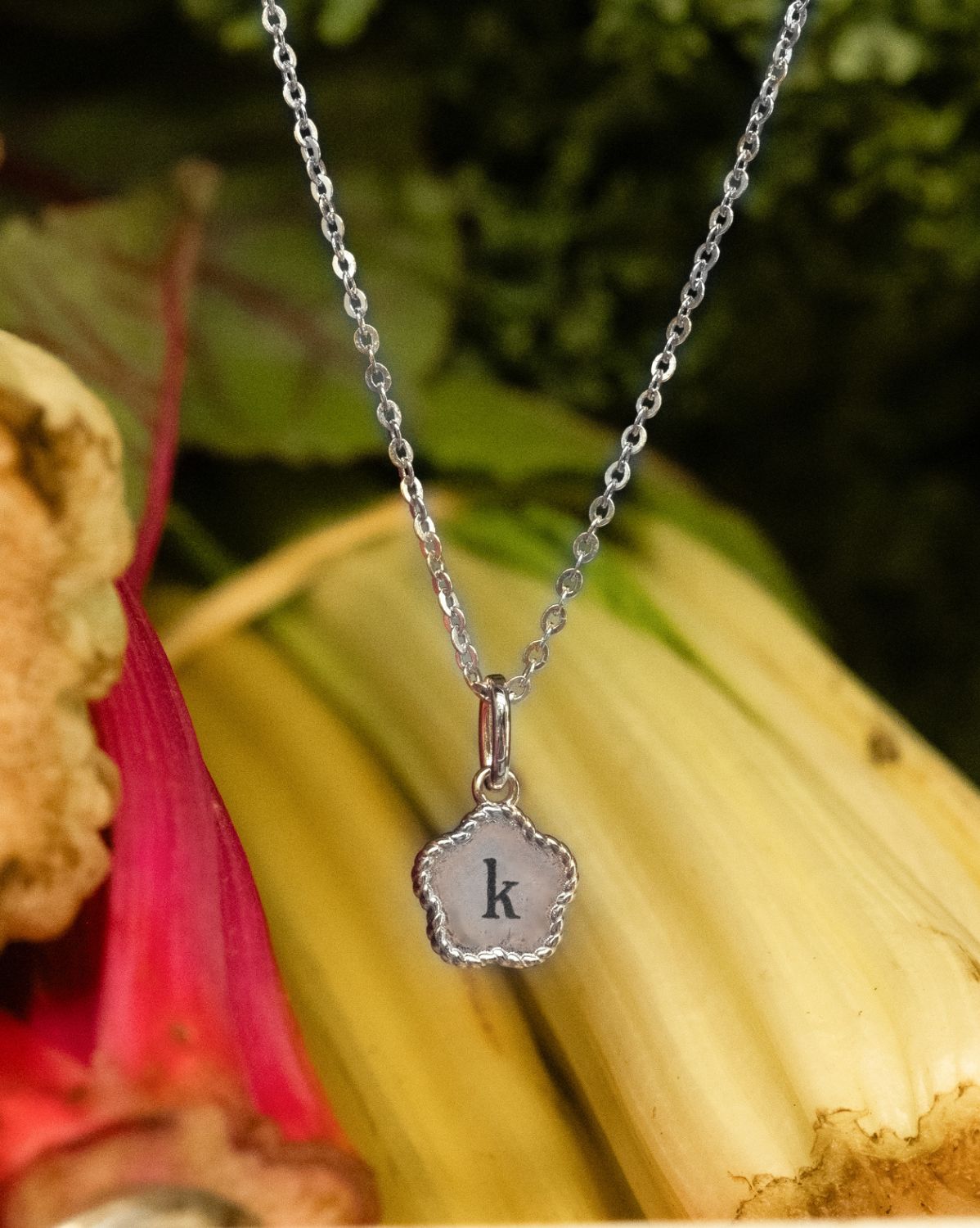 Flower Engraved Initial Necklace - Sterling Silver
