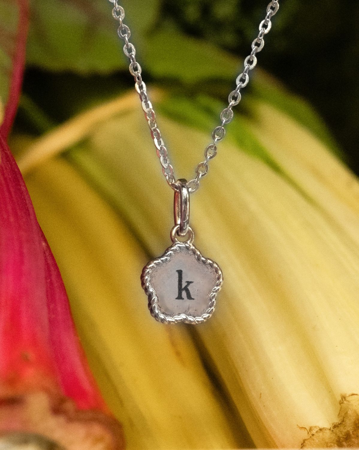 Flower Engraved Initial Necklace - Sterling Silver