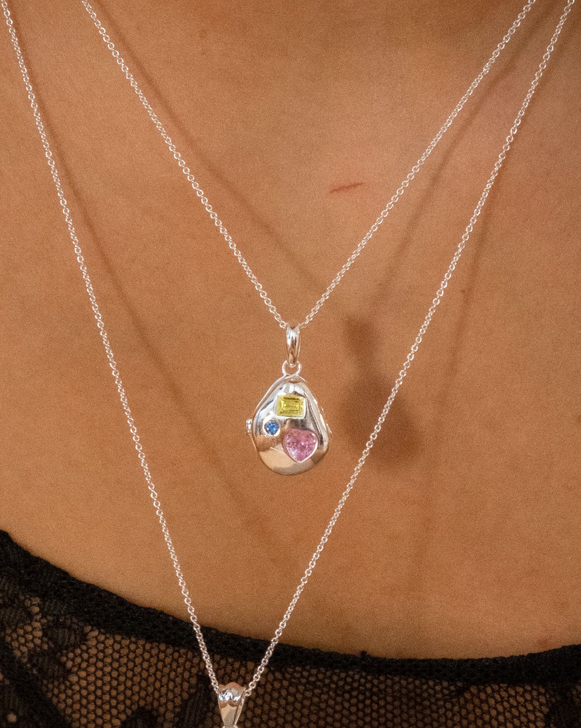 Billie Engravable Gemstone Locket Necklace - Sterling Silver
