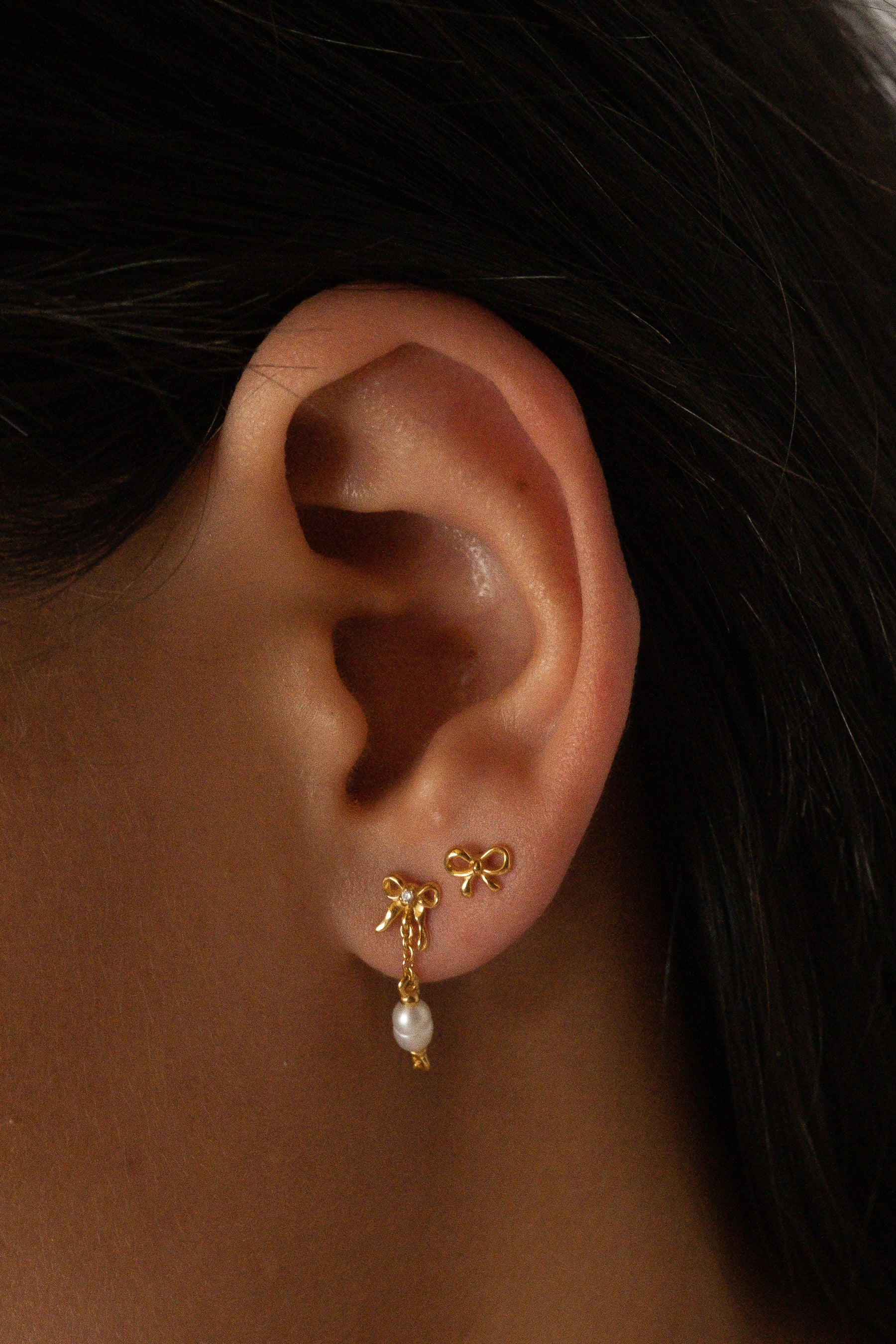 Solid Gold Bow Pearl Drop Stud