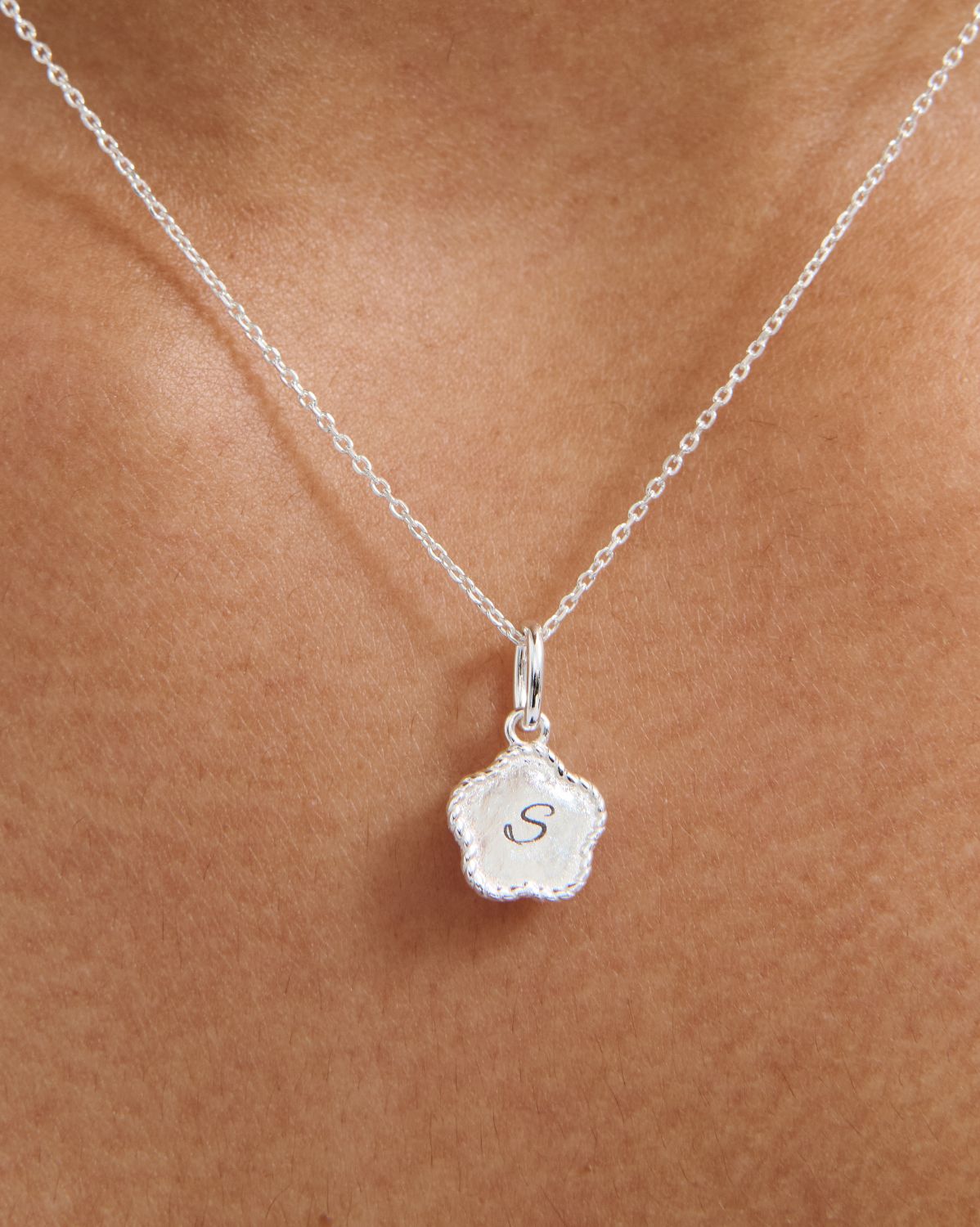 Flower Engraved Initial Necklace - Sterling Silver