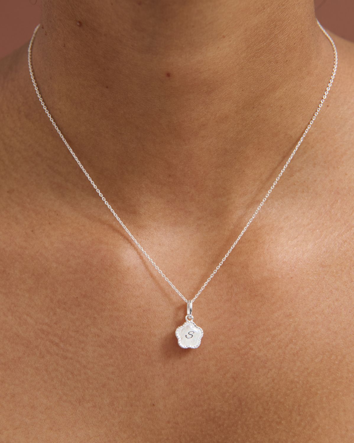 Flower Engraved Initial Necklace - Sterling Silver