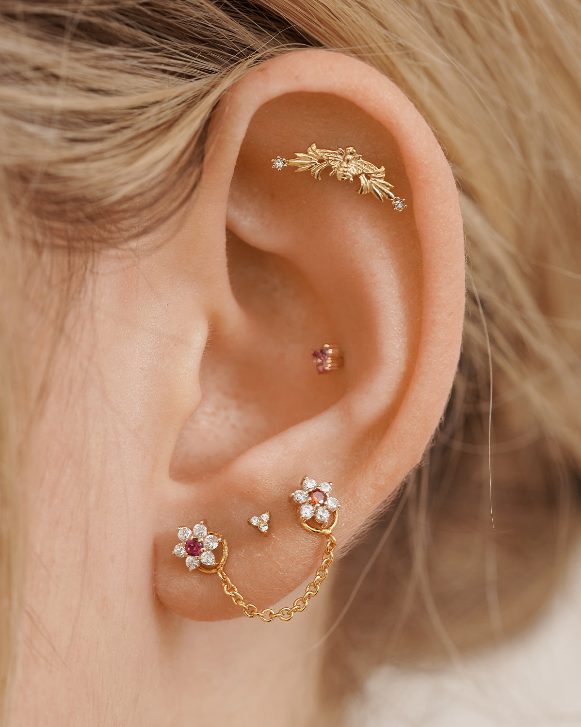 14K Solid Gold Angela Tiny Trio Stud